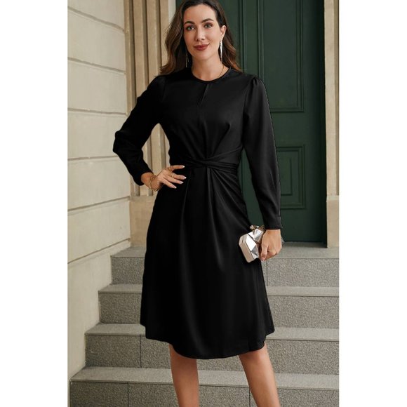 Black Twist Front Tie Back Long Sleeve Satin Dress - Picture 2 of 16